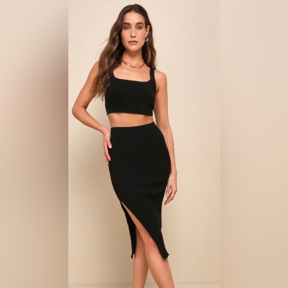 Lulus Set For Life Black Ribbed Bodycon Two-Piece Midi Dress